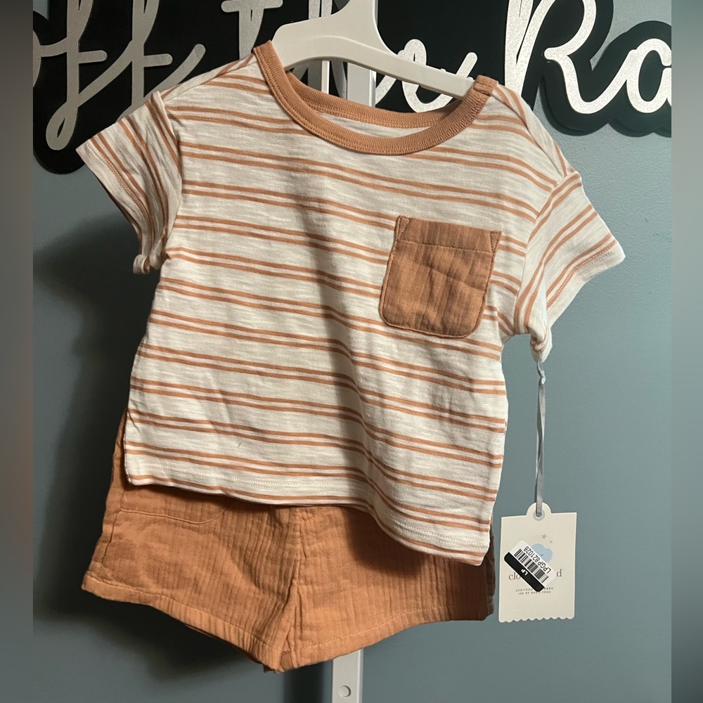 Cloud Island Striped Brown and White Short Sleeve Shirt and Brown Short Set NWT
